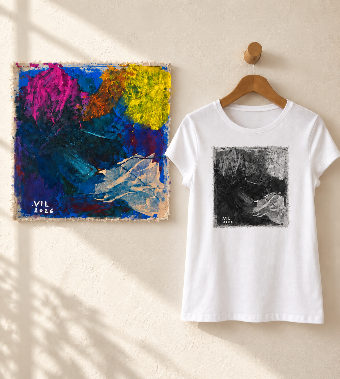 "Ocean Hug" - Black & White version. Abstract Art Tee by Vinny, 14 / Nonverbal Autistic Artist - Short & Long Sleeve