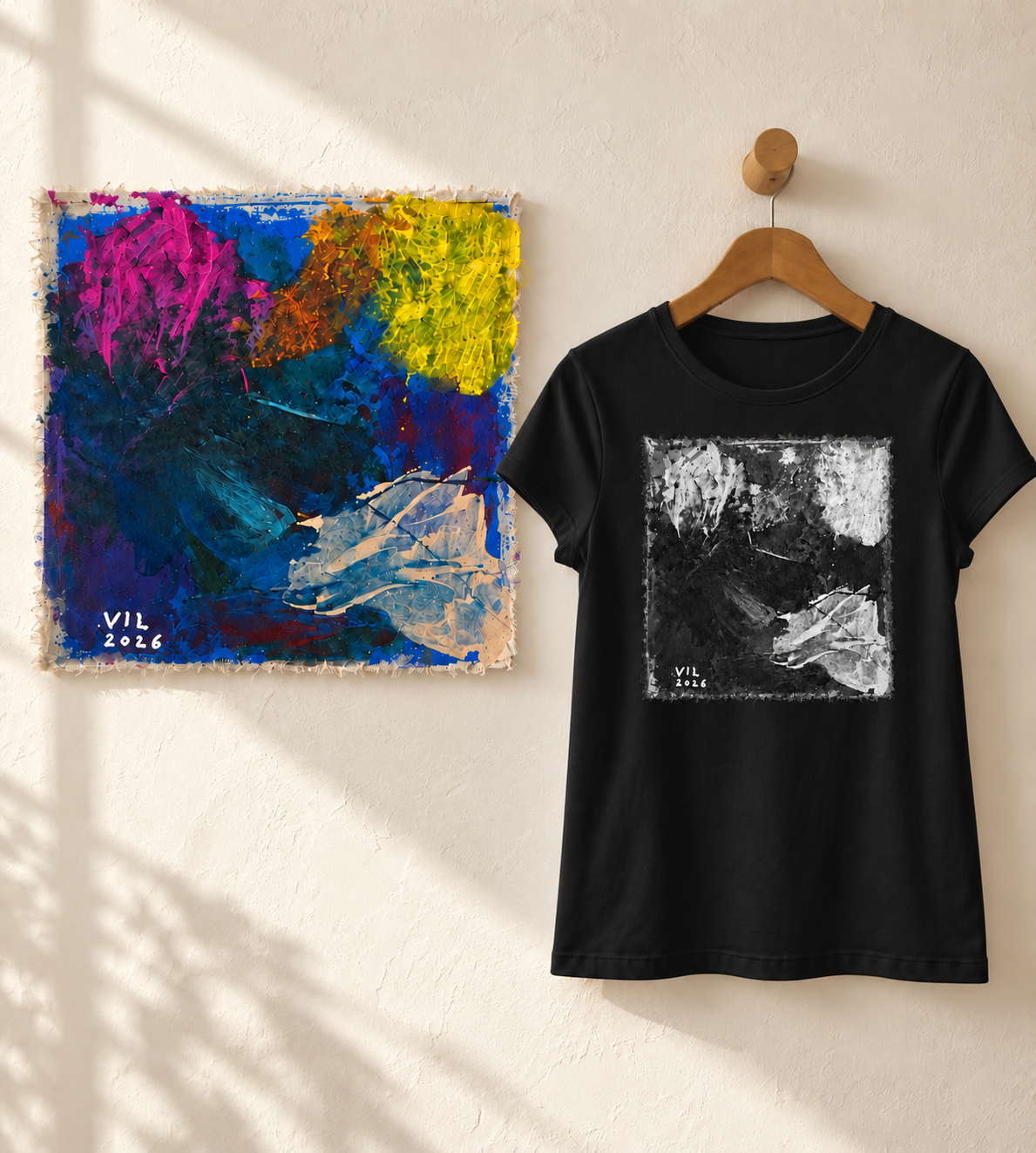 "Ocean Hug" - White & Black version. Abstract Art Tee by Vinny, 14 / Nonverbal Autistic Artist - Short & Long Sleeve