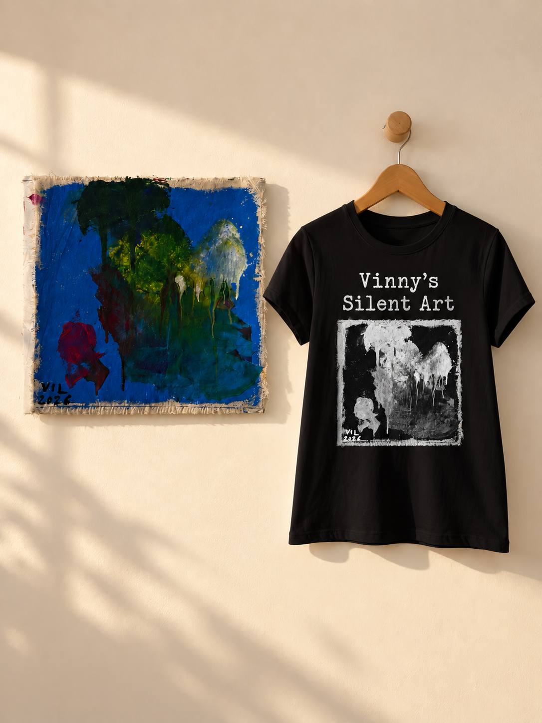 "Ocean Blue" - White & Black version. Abstract Art Tee by Vinny, 14 / Nonverbal Autistic Artist - Short & Long Sleeve