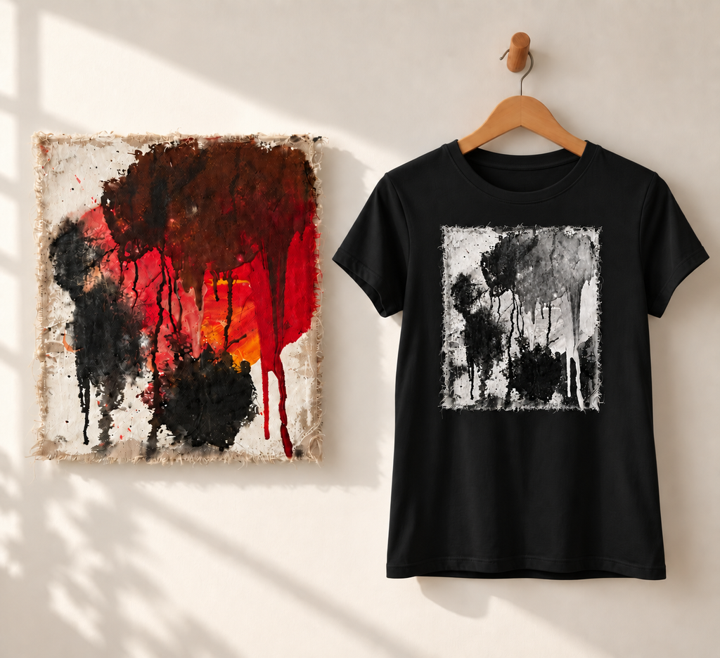 "Fire Heart" - White & Black version. Abstract Art Tee by Vinny, 14 / Nonverbal Autistic Artist - Short & Long Sleeve