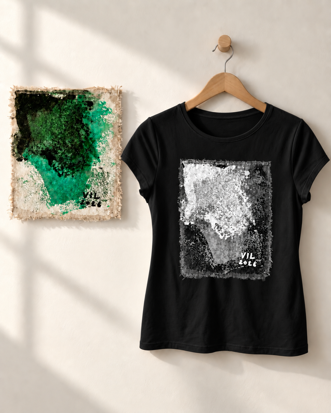 "Emerald Hug" - White& Black version. Abstract Art Tee by Vinny, 14 / Nonverbal Autistic Artist - Short & Long Sleeve