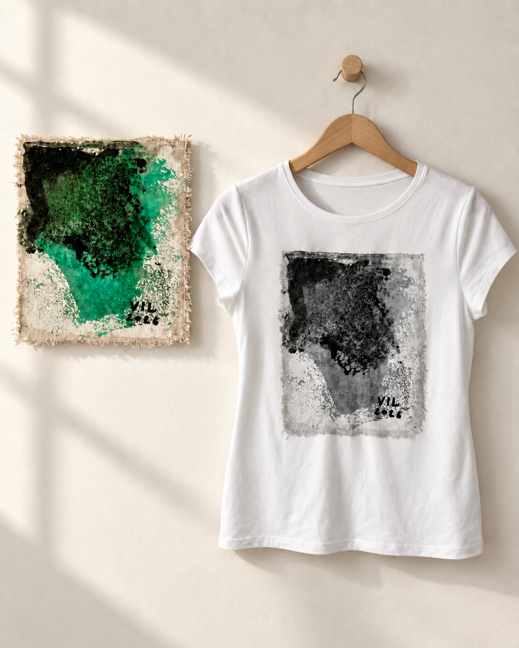 "Emerald Hug" - Black & White version. Abstract Art Tee by Vinny, 14 / Nonverbal Autistic Artist - Short & Long Sleeve