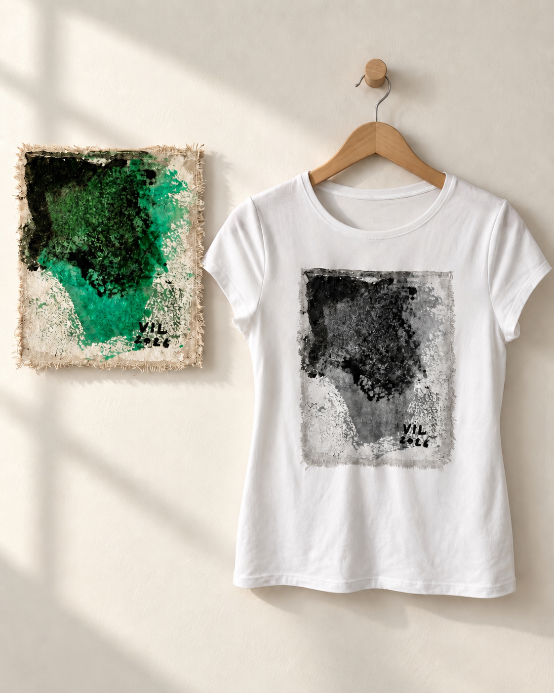 "Emerald Hug" - Black & White version. Abstract Art Tee by Vinny, 14 / Nonverbal Autistic Artist - Short & Long Sleeve